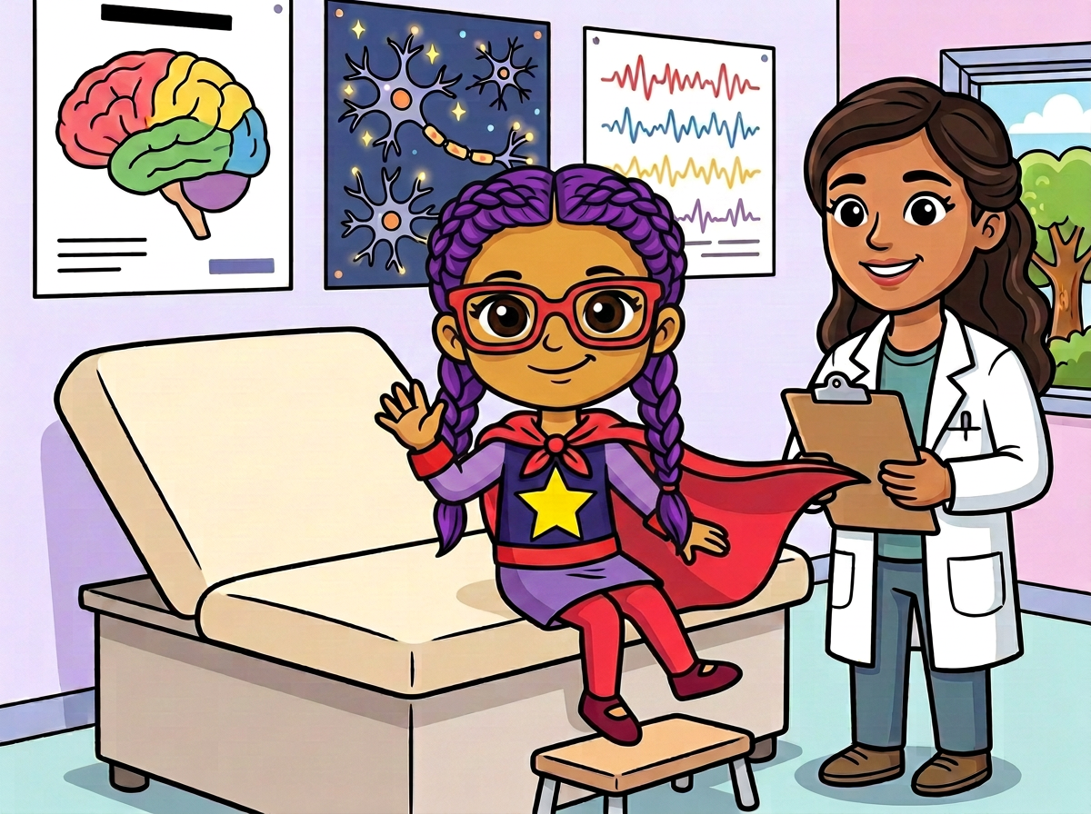 Pepina sentada en la camilla saludando a su doctora de epilepsia