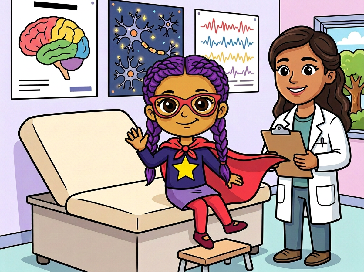 Pepina sentada en la camilla saludando a su doctora de epilepsia