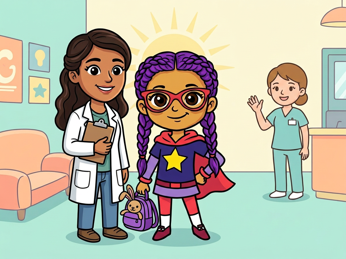 Pepina llega al hospital con su mochila mientras la doctora B y una enfermera la reciben súper felices