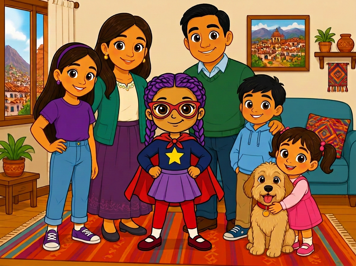 Pepina con su mamá, su papá, su hermana mayor, su hermanito, su hermanita y su perro