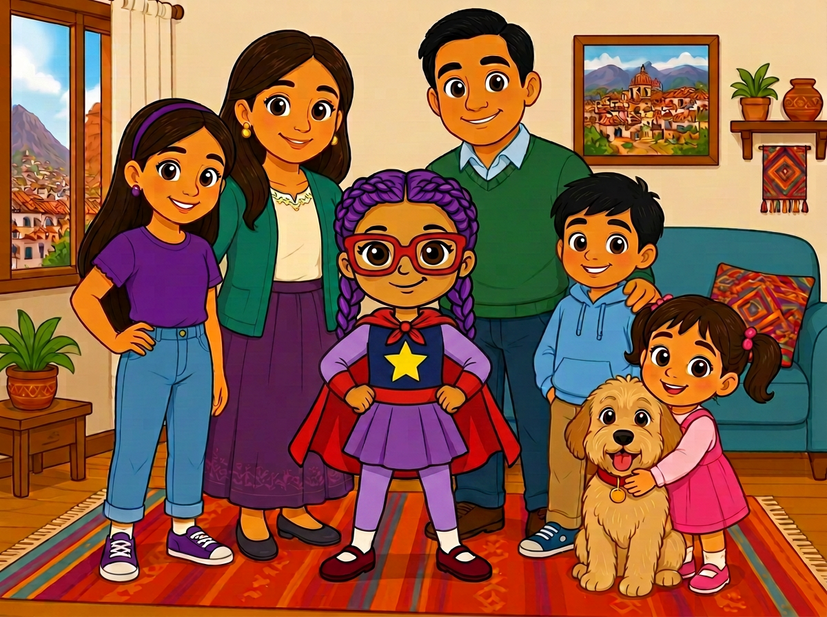 Pepina con su mamá, su papá, su hermana mayor, su hermanito, su hermanita y su perro