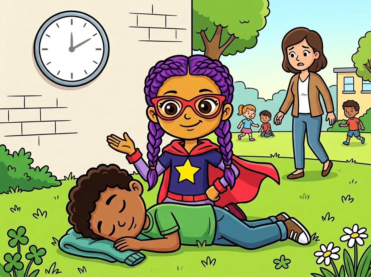 Pepina arrodillada con calma junto a un amigo de cabello claro que descansa