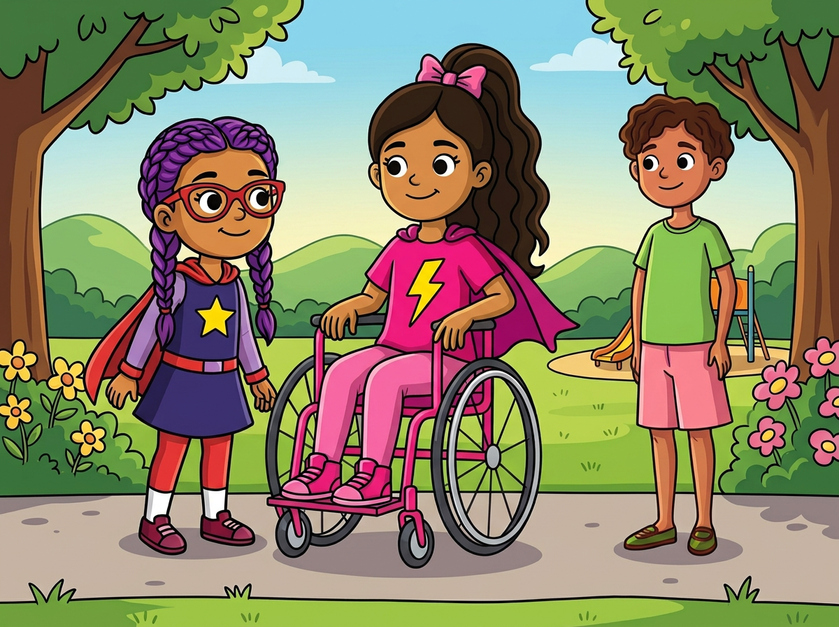 Lucía y sus dos amigas saludándose en el parque