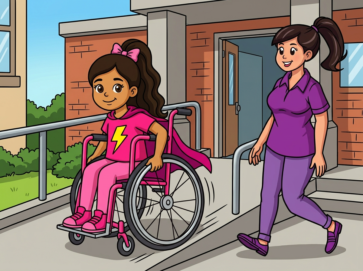 Lucía subiendo la rampa del colegio con su maestra de apoyo