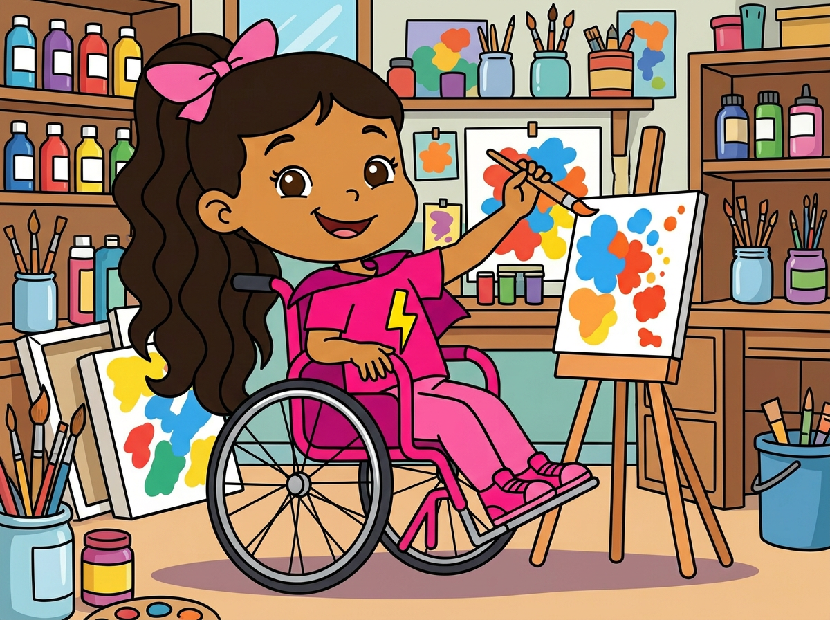 Lucía pintando en un caballete desde su silla de ruedas