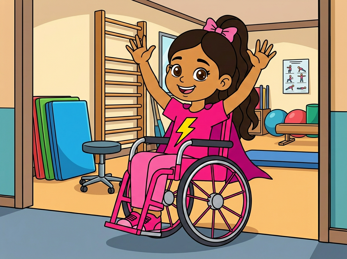 Lucía llegando al gimnasio de terapia física en su silla rosada