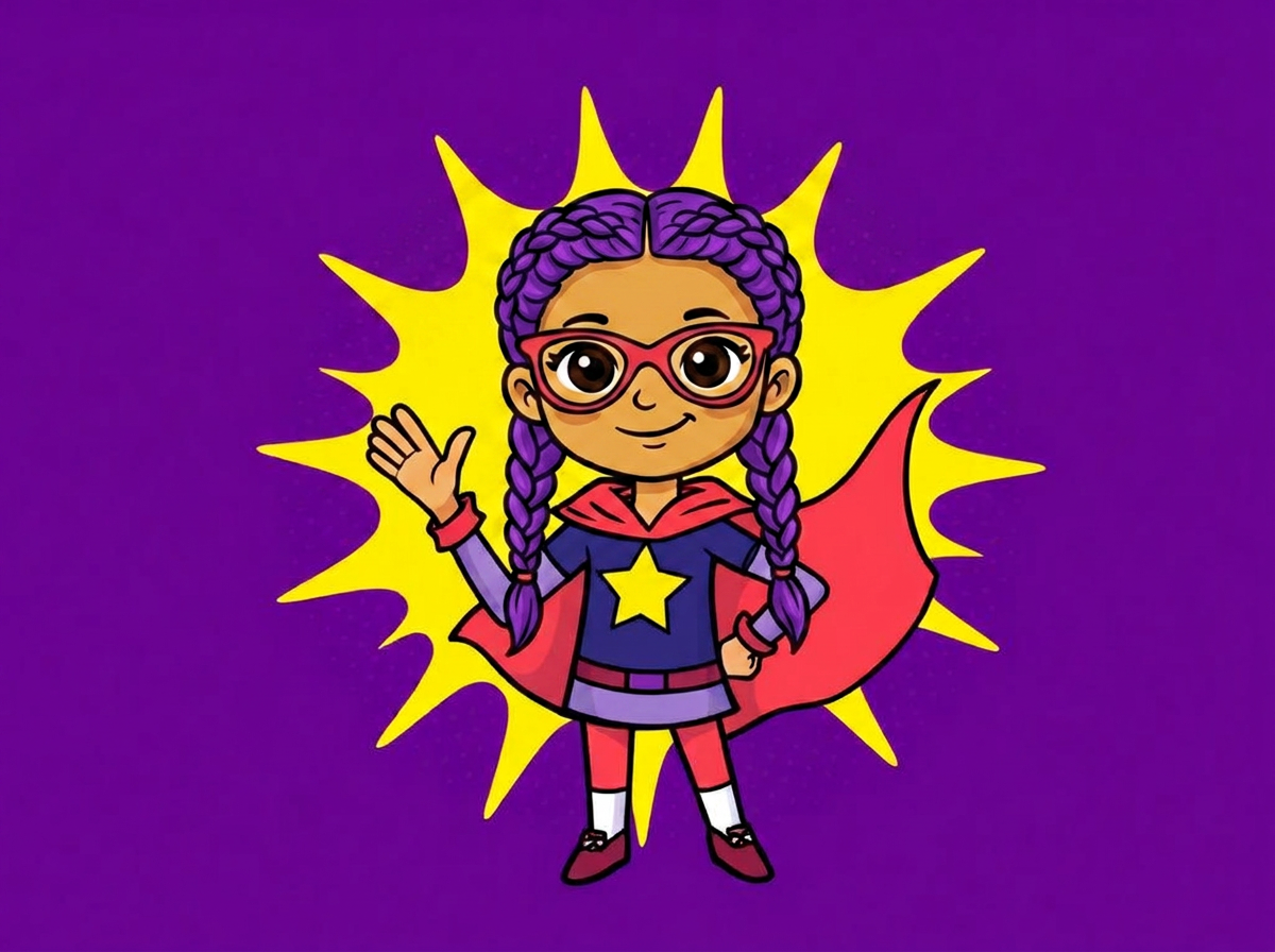 Pepina, la superheroína de pelo morado, saludando