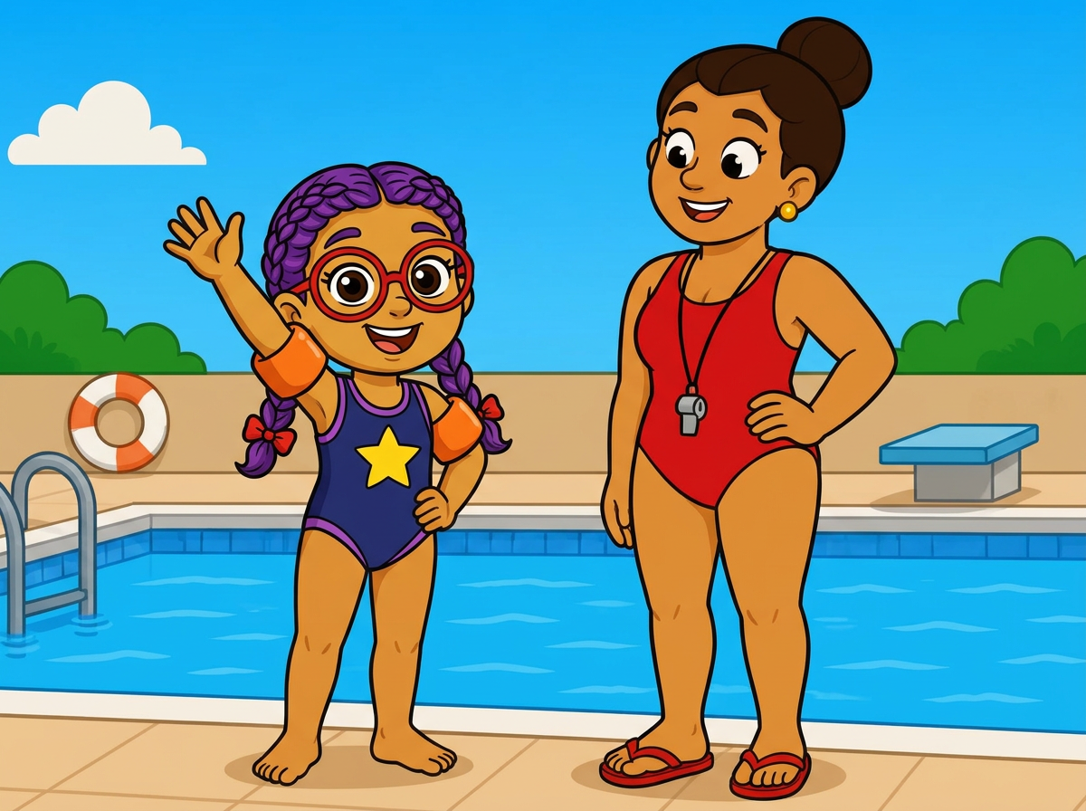 Pepina en traje de baño morado saluda en la piscina mientras su maestra, la señorita Rosa, la vigila de cerca