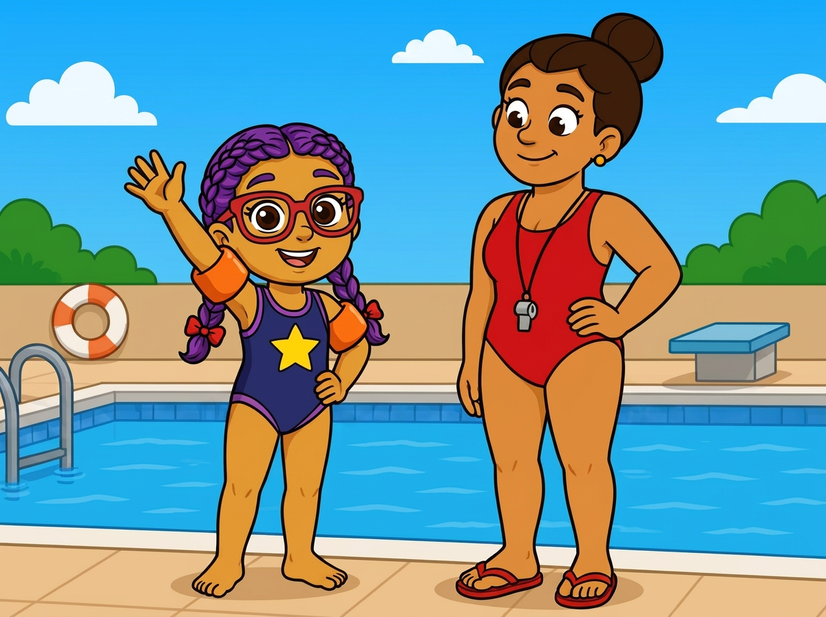 Pepina en traje de baño morado saluda en la piscina mientras su maestra, la señorita Rosa, la vigila de cerquita