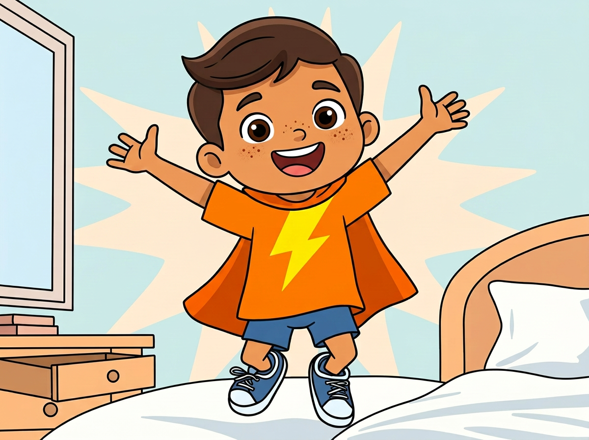 Tadeo despertándose lleno de energía con su polo naranja y su capa