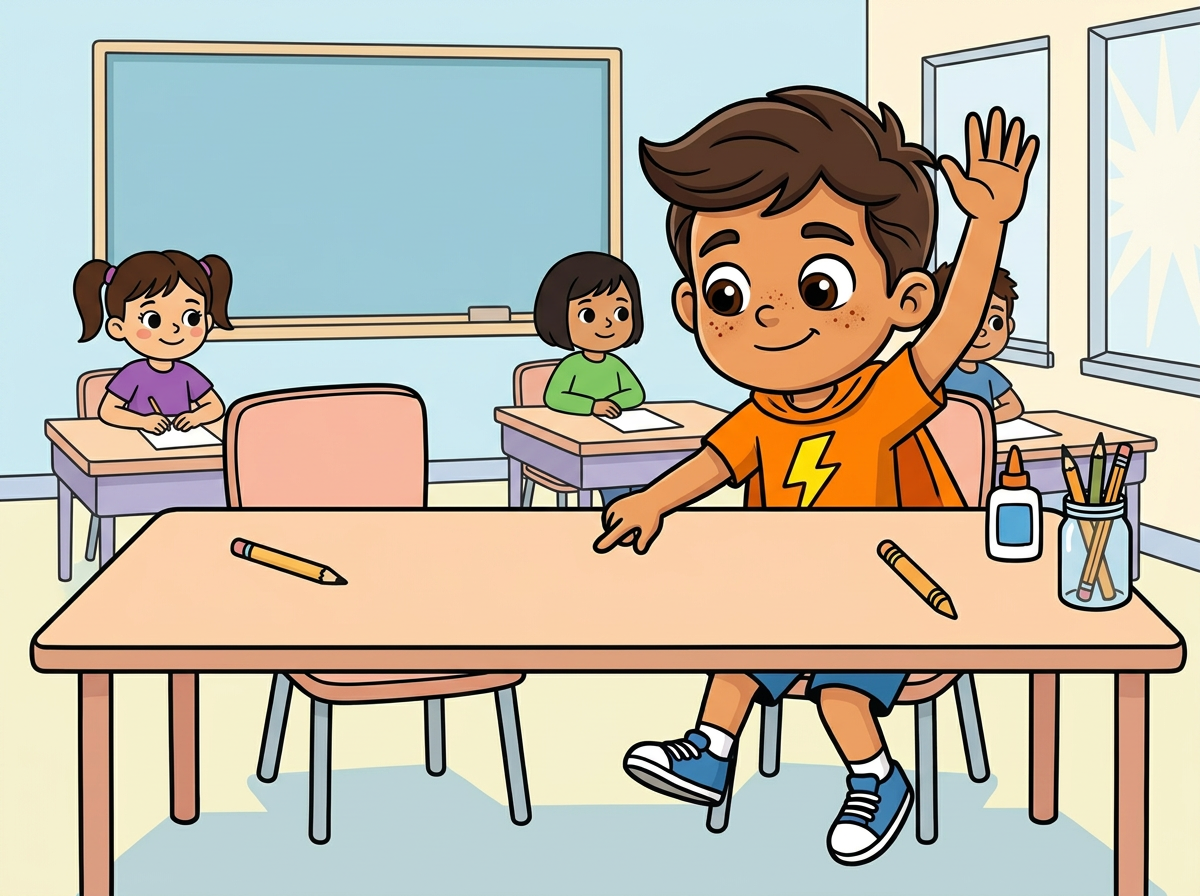 Tadeo sentado en la primera fila de su salón, listo para aprender