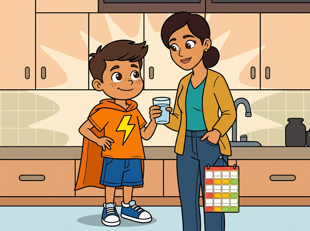 Tadeo recibiendo un vaso de agua de su mamá en la cocina