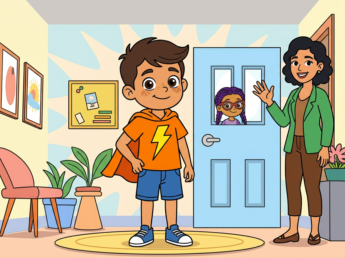 Tadeo llegando con su papá a una clínica de terapia bien amigable