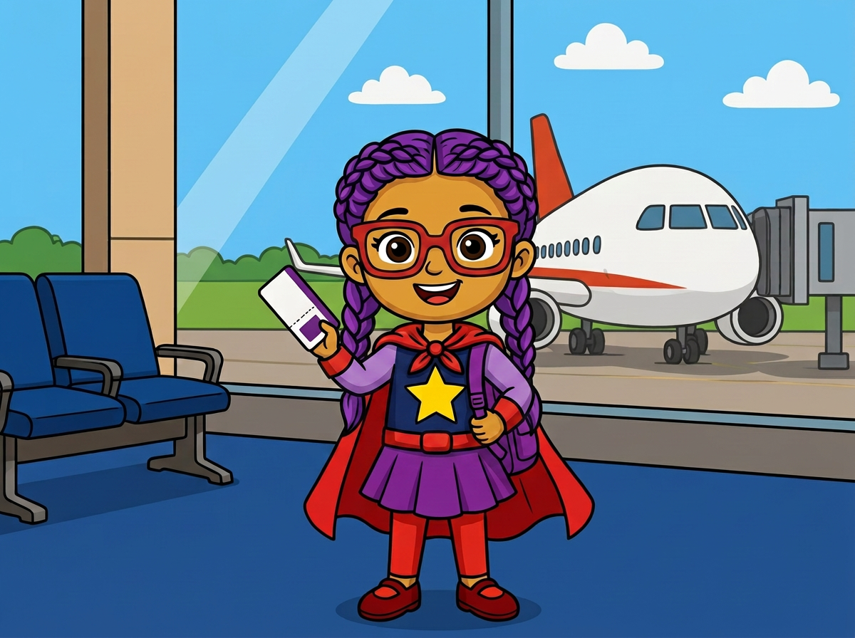 Pepina en el aeropuerto con su maleta, su pase de abordar y su mochila moradita de medicinas, con un avión al fondo