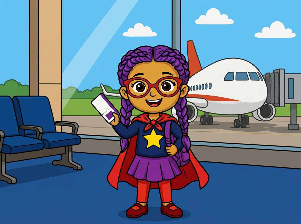 Pepina en el aeropuerto con su maleta, su pase de abordar y su mochila morada de medicinas, con un avión al fondo