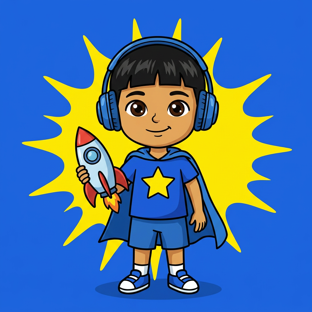 Andrés, un niño argentino tranquilo de piel olivácea y cabello negro lacio, con audífonos azules, polo azul de héroe con estrella amarilla y capa azul, sosteniendo un cohete de juguete