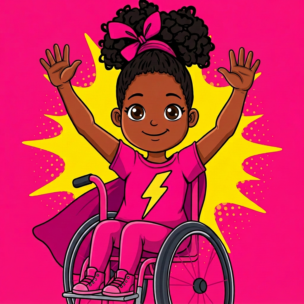 Lucía, una niña afrolatina alegre de piel morena con moño de rizos negros y cinta rosa fucsia, en una silla de ruedas rosa fucsia, con polo fucsia de heroína y capa magenta