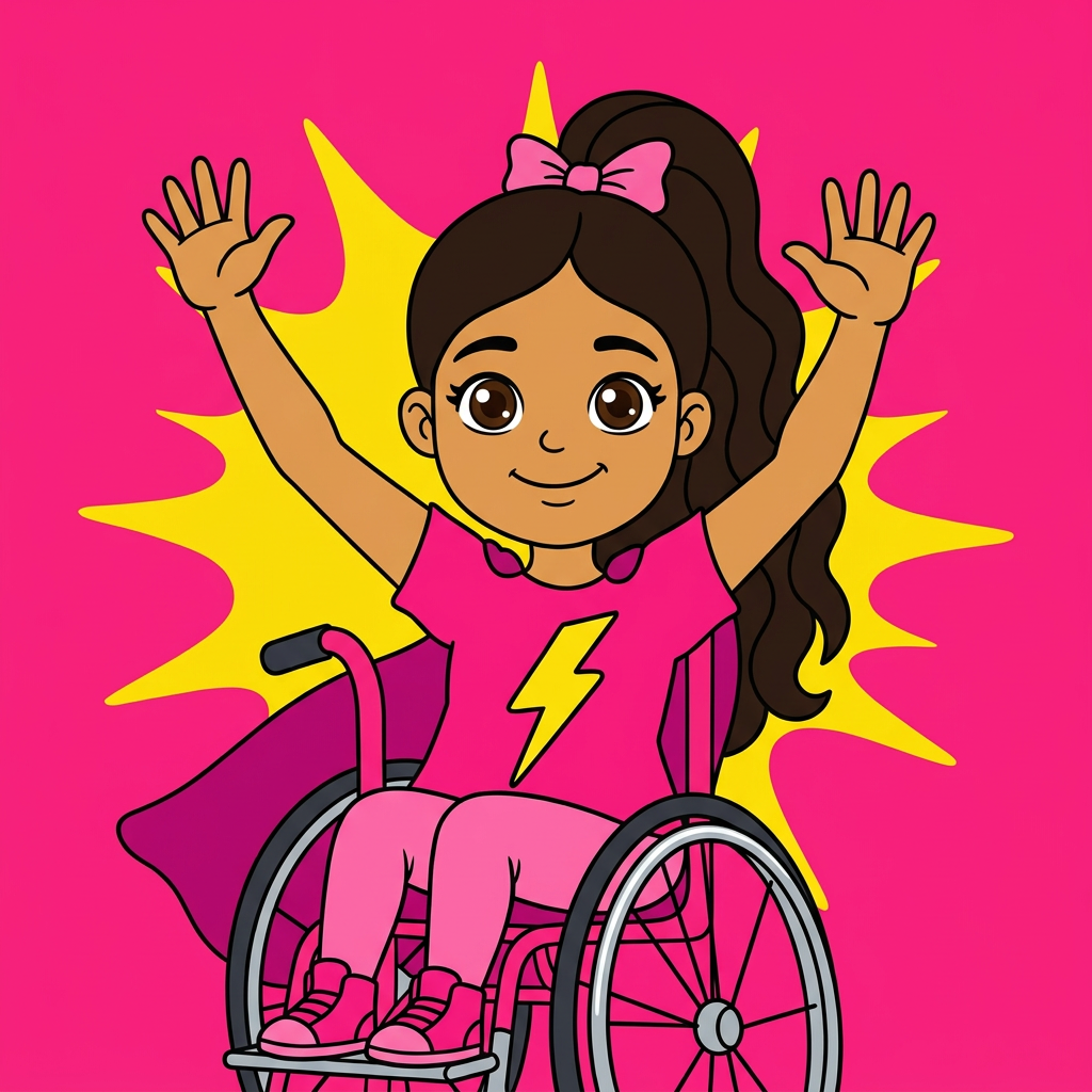 Lucía, una niña latina súper alegre de piel trigueña y pelito castaño ondulado, peinada con una cola alta y un lazo rosa. Está sentada en su silla de ruedas color fucsia, lleva un polo fucsia de superheroína ¡y una capa magenta!