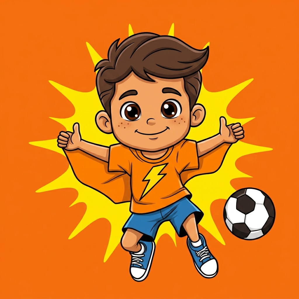 Tadeo, un niño mexicano sonriente de piel canela con pecas y cabello ondulado castaño, con polo naranja de héroe con un rayo y capa naranja, saltando con una pelota de fútbol